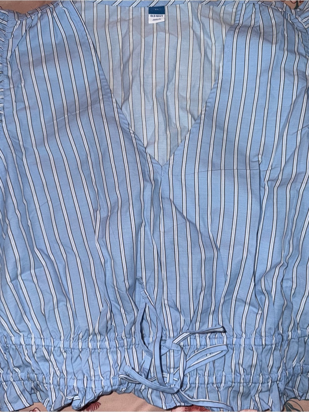 Old Navy Light Blue and White Striped V-Neck Drawstring Top